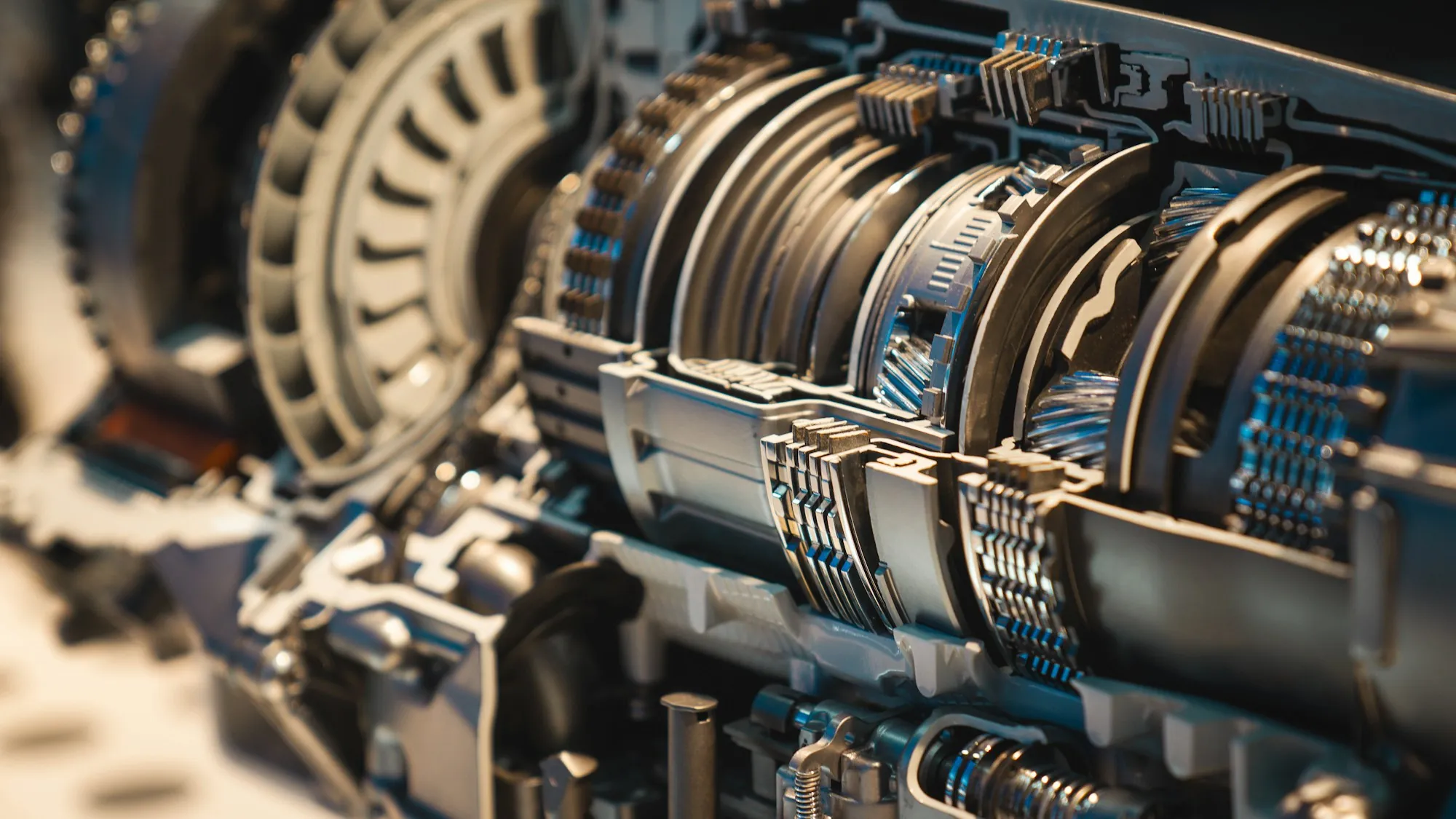 Cutaway view of transmission gears and clutch packs